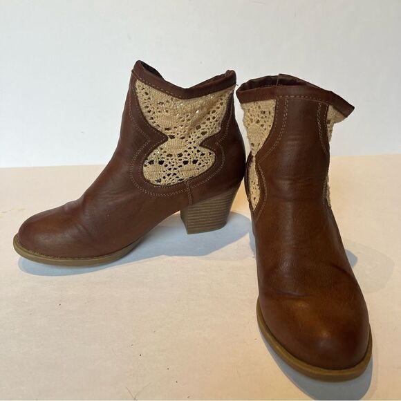 Rampage Women's Heeled Ankle Boots Slip On Brown/Beige Lace sides Size 6 1/2M - Picture 1 of 8
